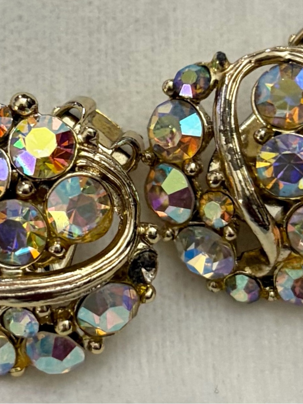 Vintage Aurora Borealis Crystal Cluster Clip-On Earrings - Iridescent Gold Tone